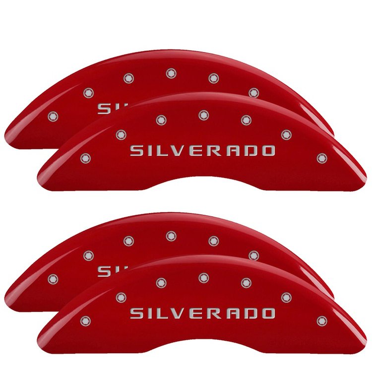 14173SSILRD Front/Rear Disc Brake Caliper Covers Fits Chevy Silverado 2500 HD/Chevy Silverado 3500 HD [Red w/Silver Silverado]