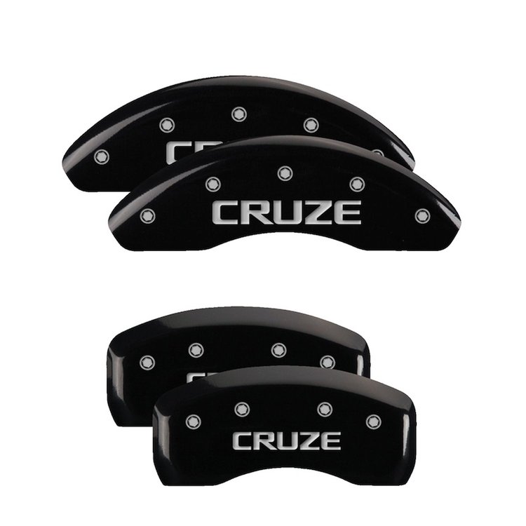 14206SCRZBK Front & Rear Disc Brake Caliper Covers for 2011-2013 Chevy Cruze [Black Finish w/ Silver Cruze]