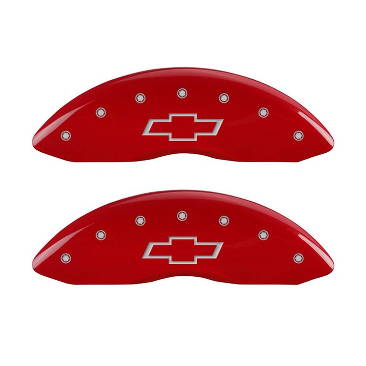 14238FBOWRD Front Disc Brake Caliper Covers Fits Select Chevy Silverado 1500 [Red Finish w/ Silver Bowtie]