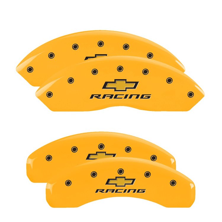 14240SBRCYL Front & Rear Disc Brake Caliper Covers Fits Select Chevy Camaro [Yellow Finish w/ Black Chevy Racing]