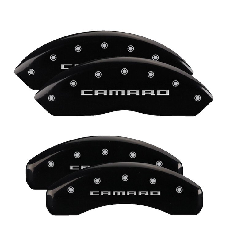 14240SCA5BK Front & Rear Disc Brake Caliper Covers Fits Select Chevy Camaro [Black Finish w/ Silver Camaro (Gen 5/6)]