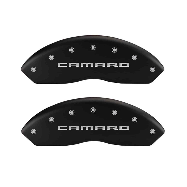 Set of 4 caliper covers Engraved Front and Rear Gen 5/Camaro Matte Black powder coat finish silver characters.