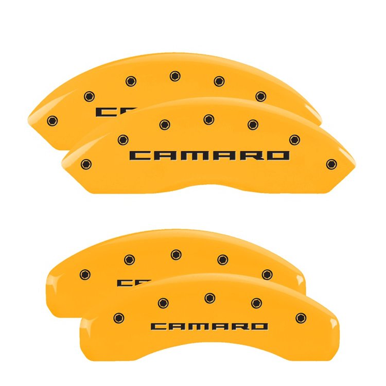 14240SCA5YL Front & Rear Disc Brake Caliper Covers Fits Select Chevy Camaro [Yellow Finish w/ Black Camaro (Gen 5/6)]