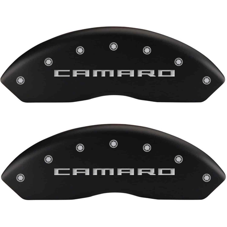 Set of 4 caliper covers Engraved Front Gen 5/Camaro - Engraved Rear Gen 5/RS Matte Black powder coat finish silver characters.