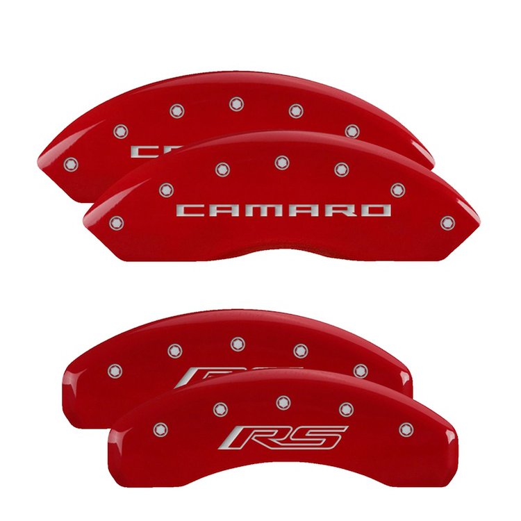 14240SCR5RD Front Disc Brake Caliper Covers Fits Select Chevy Camaro [Red Finish w/ Silver Camaro / RS (Gen 5/6)]