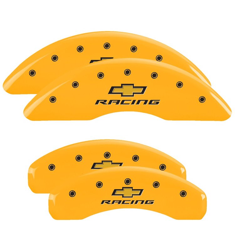 14241SBRCYL Front & Rear Disc Brake Caliper Covers Fits Select Chevy Camaro [Yellow Finish w/ Black Chevy Racing]