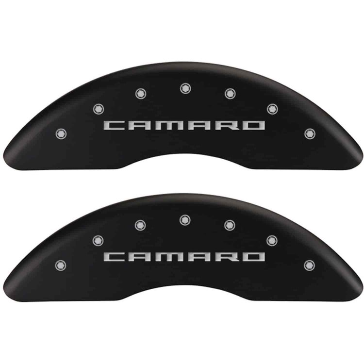 Set of 4 caliper covers Engraved Front Gen 5/Camaro - Engraved Rear Gen 5/SS Matte Black powder coat finish silver characters.