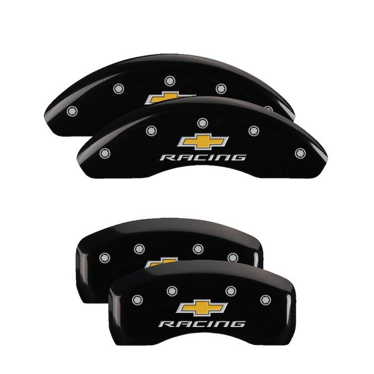 14246SBRCBK Front & Rear Disc Brake Caliper Covers for 2017-2021 Chevy Bolt EV [Black Finish w/ Silver Chevy Racing]