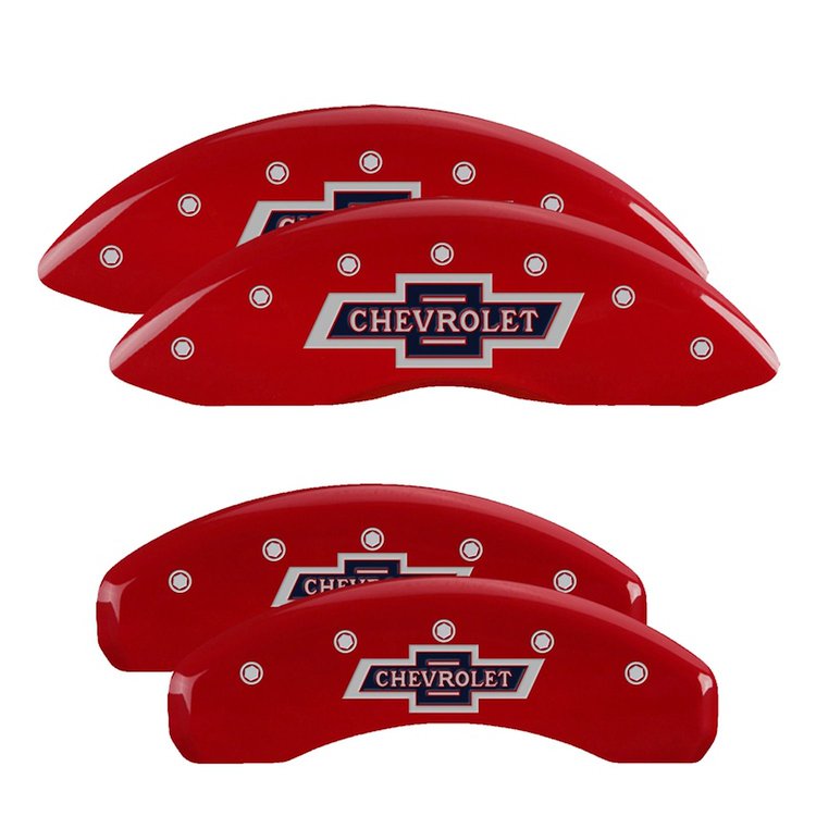 14252SBANRD Front/Rear Brake Caliper Covers Fits Chevy Suburban/Silverado 1500/Tahoe [Red w/Silver 100 Anniversary Chevrolet]
