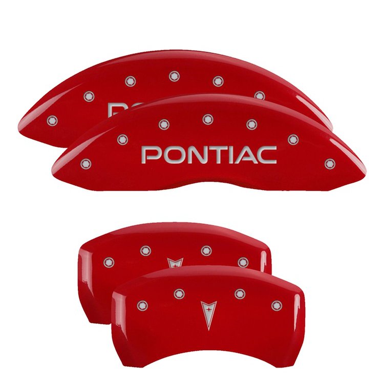 18028SPONRD Front Disc Brake Caliper Covers for 1998-2002 Pontiac Firebird [Red Finish w/ Silver Pontiac / Arrow Logo]