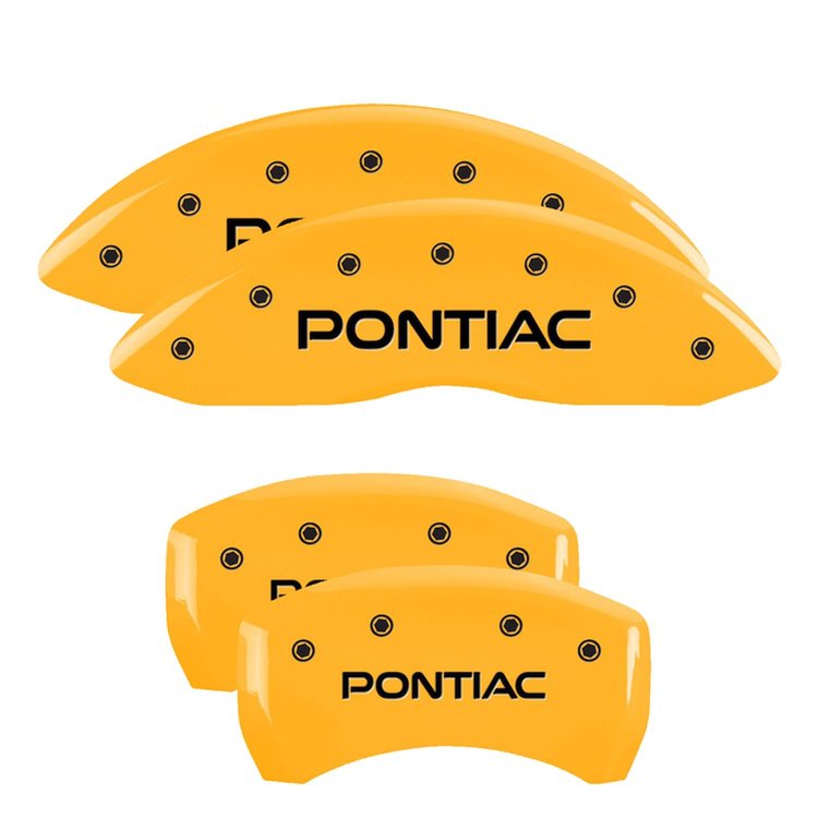 18028SPOPYL Front & Rear Disc Brake Caliper Covers for 1998-2002 Pontiac Firebird [Yellow Finish w/ Black Pontiac]