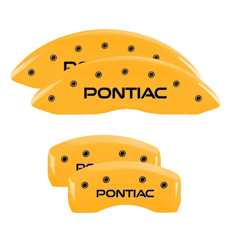 18031SPOPYL Front & Rear Disc Brake Caliper Covers for 2004-2005 Pontiac Bonneville [Yellow Finish w/ Black Pontiac]