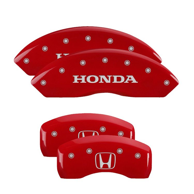 20203SHOHRD Front Disc Brake Caliper Covers Fits Select Honda Odyssey, Honda Passport [Red Finish w/ Silver Honda / H Logo]