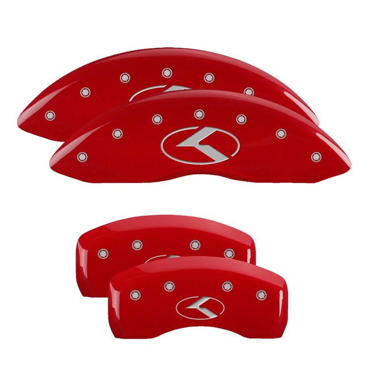 21183SCRKRD Front & Rear Disc Brake Caliper Covers Fits Select Kia Optima [Red Finish w/ Silver Kia Logo (Circle K)]