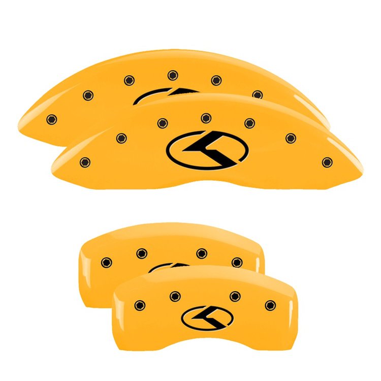 21183SCRKYL Front & Rear Disc Brake Caliper Covers Fits Select Kia Optima [Yellow Finish w/ Black Kia Logo (Circle K)]