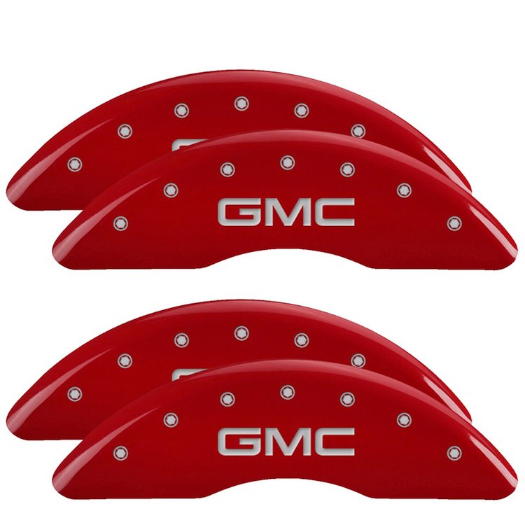 34003SGMCRD Front & Rear Disc Brake Caliper Covers Fits Select GMC Sierra 2500 HD, GMC Sierra 3500 HD [Red Finish w/ Silver GMC]