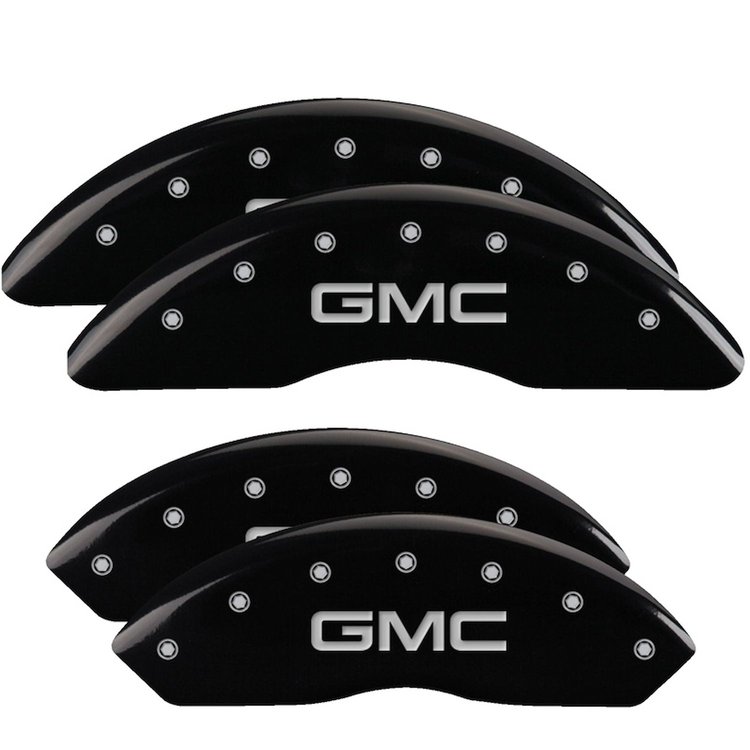 34210SGMCBK Front & Rear Disc Brake Caliper Covers Fits Select GMC Savana 2500, GMC Savana 3500 [Black Finish w/ Silver GMC]