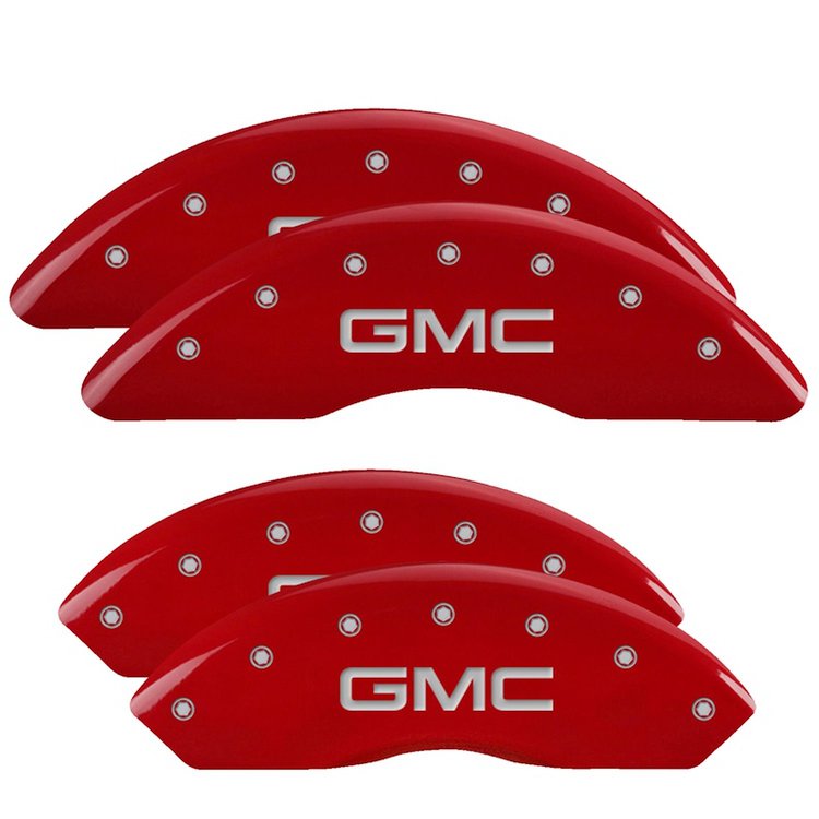 34210SGMCRD Front & Rear Disc Brake Caliper Covers Fits Select GMC Savana 2500, GMC Savana 3500 [Red Finish w/ Silver GMC]
