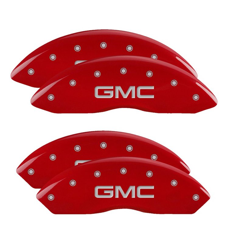 34211SGMCRD Front & Rear Disc Brake Caliper Covers Fits Select GMC Savana 2500, GMC Savana 3500 [Red Finish w/ Silver GMC]