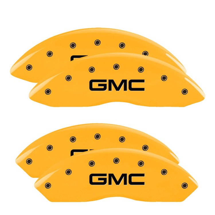 34211SGMCYL Front & Rear Disc Brake Caliper Covers Fits Select GMC Savana 2500, GMC Savana 3500 [Yellow Finish w/ Black GMC]