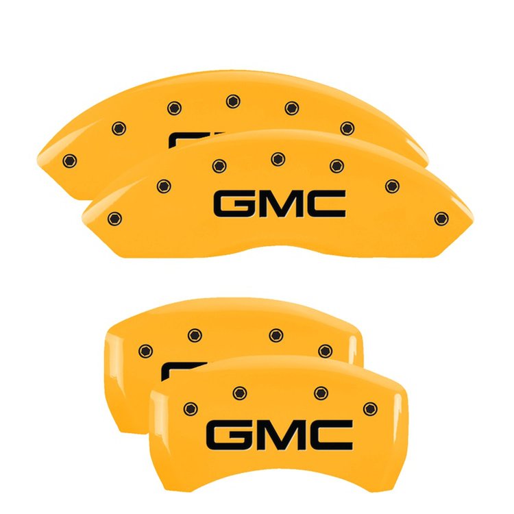 34212SGMCYL Front & Rear Disc Brake Caliper Covers for 2017-2020 GMC Acadia [Yellow Finish w/ Black GMC]