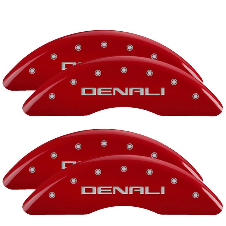 34219SDNLRD Front & Rear Disc Brake Caliper Covers Fits Select GMC Sierra 2500 HD/GMC Sierra 3500 HD [Red w/Silver Denali]