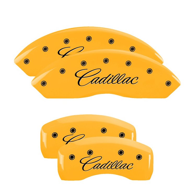 35002SCADYL Front & Rear Disc Brake Caliper Covers Fits Select Cadillac SRX/Cadillac STS [Yellow w/Black Cadillac (Cursive)]