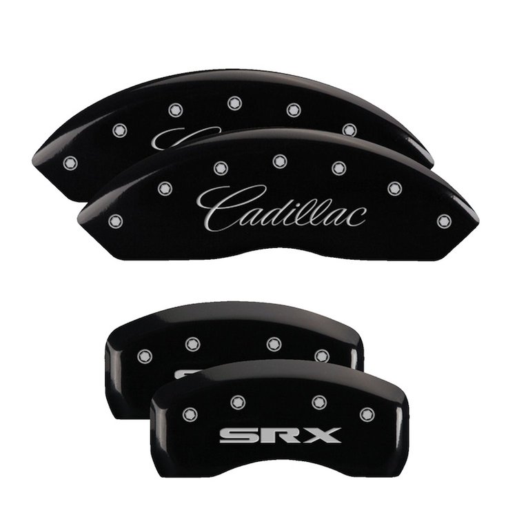 35002SSRXBK Front Disc Brake Caliper Covers Fits Select Cadillac SRX, Cadillac STS [Black Finish w/ Silver Cadillac / SRX]