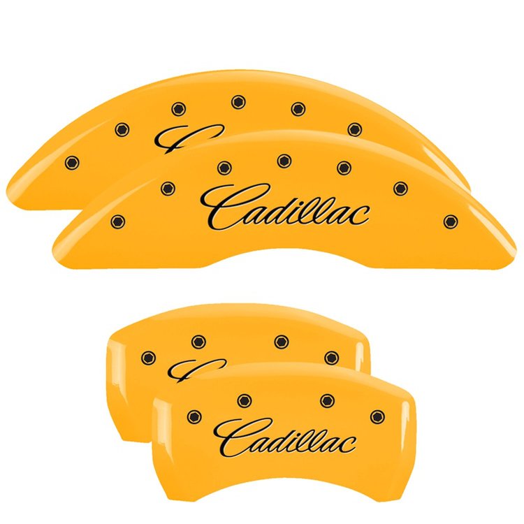 35024SCADYL Front & Rear Disc Brake Caliper Covers Fits Select Cadillac CTS [Yellow Finish w/ Black Cadillac (Cursive)]