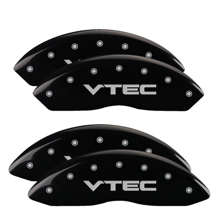 39015SVTCBK Front & Rear Disc Brake Caliper Covers for 1999-2004 Acura RL [Black Finish w/ Silver VTEC]