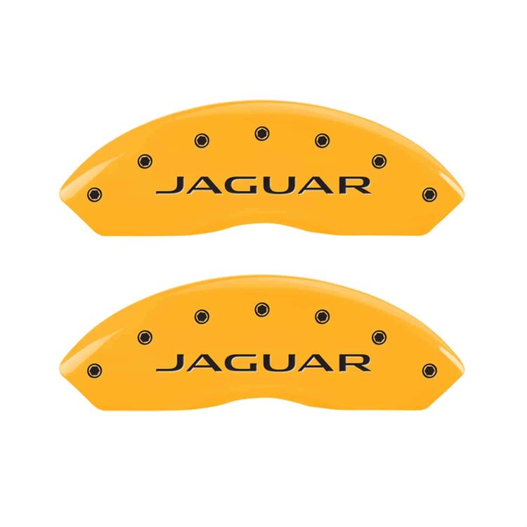 Set of 4 caliper covers Engraved Front Jaguar - Engraved Rear Leaper Yellow powder coat finish black characters
