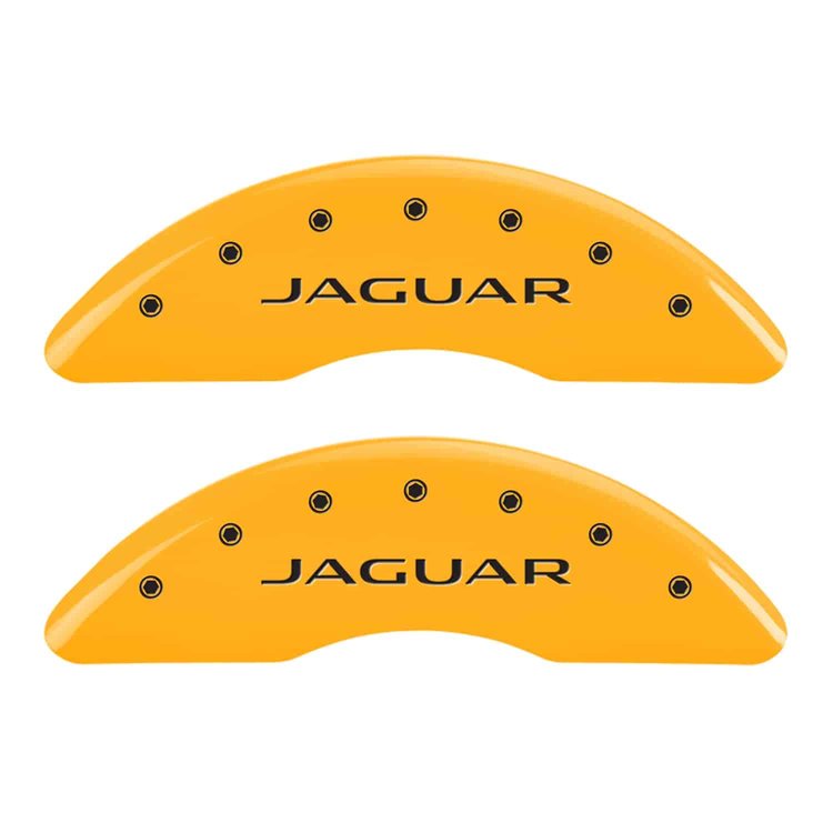 Set of 4 caliper covers Engraved Front Jaguar - Engraved Rear Leaper Yellow powder coat finish black characters