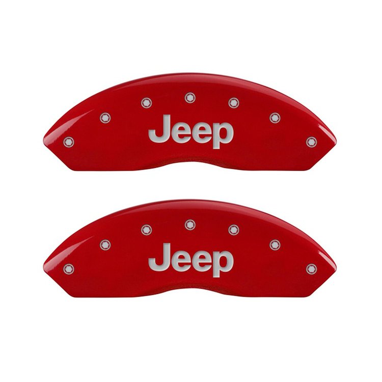 42009FJEPRD Front Disc Brake Caliper Covers Fits Select Jeep Wrangler [Red Finish w/ Silver JEEP]