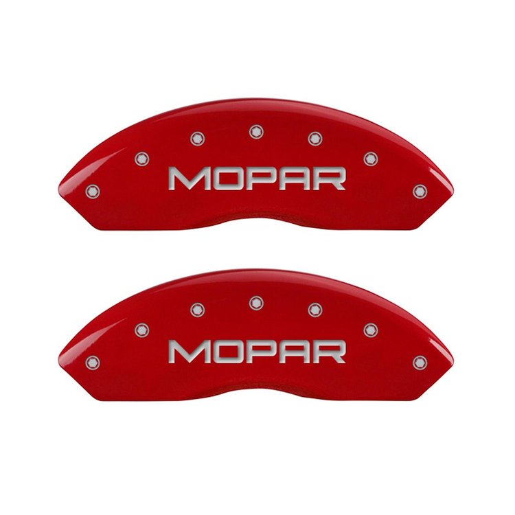 42009FMOPRD Front Disc Brake Caliper Covers Fits Select Jeep Wrangler [Red Finish w/ Silver MOPAR]
