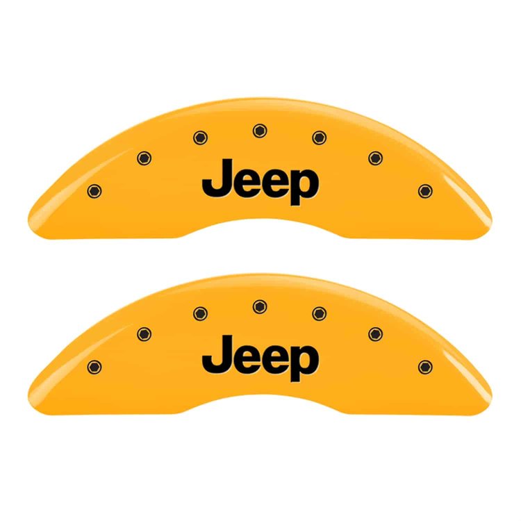 Set of 4 caliper covers Engraved Front JEEP - Engraved Rear JEEP Grill Logo Yellow powder coat finish black characters