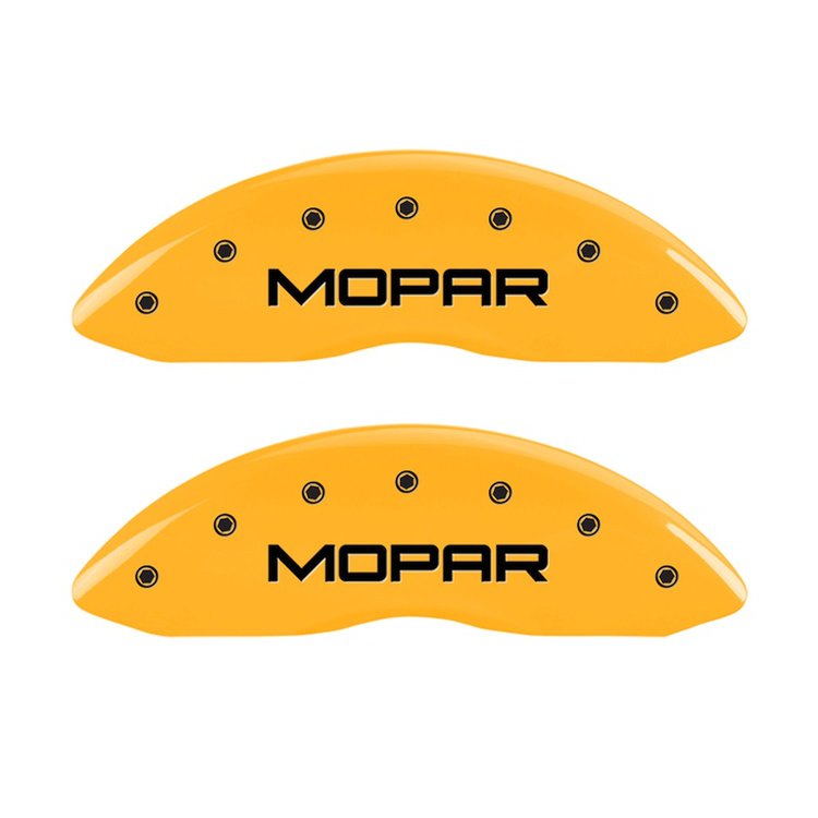 42011FMOPYL Front Disc Brake Caliper Covers Fits Select Jeep Compass, Jeep Patriot [Yellow Finish w/ Black MOPAR]