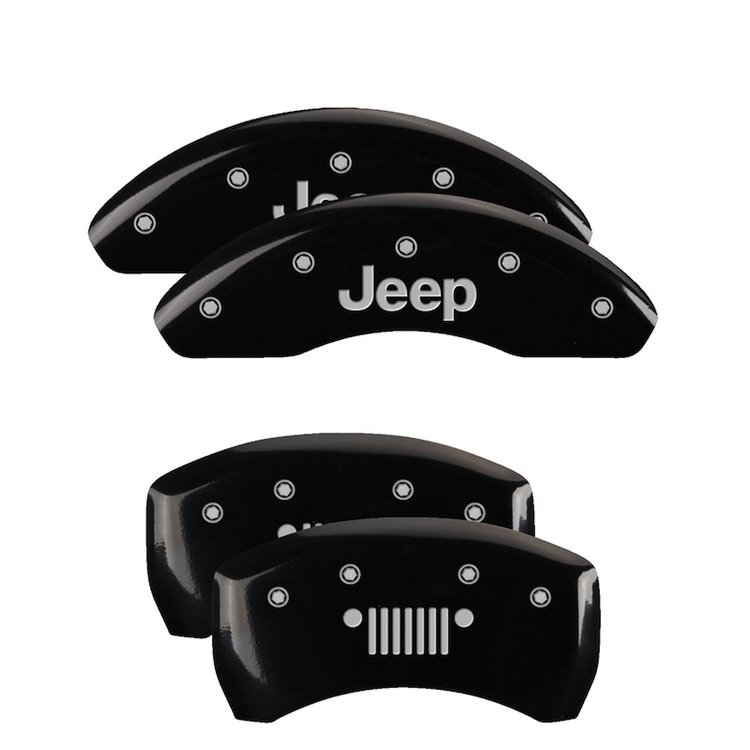 42013SJPLBK Front Disc Brake Caliper Covers Fits Select Jeep Cherokee [Black Finish w/ Silver JEEP / JEEP Grill Logo]