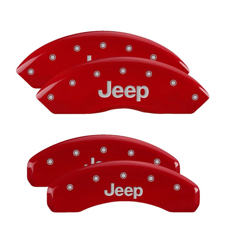 42019SJEPRD Front & Rear Disc Brake Caliper Covers for 2018-2021 Jeep Wrangler [Red Finish w/ Silver JEEP]