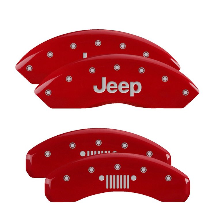 42019SJPLRD Front Disc Brake Caliper Covers for 2018-2021 Jeep Wrangler [Red Finish w/ Silver JEEP / JEEP Grill Logo]