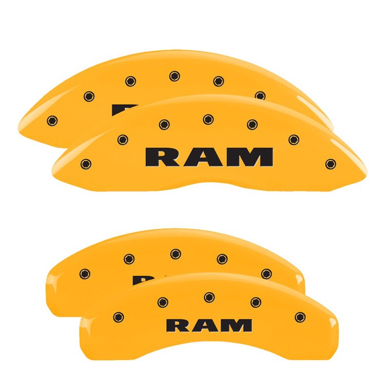 55001SRAMYL Front & Rear Disc Brake Caliper Covers Fits Select Ram 1500, Ram 1500 Classic [Yellow Finish w/ Black RAM]