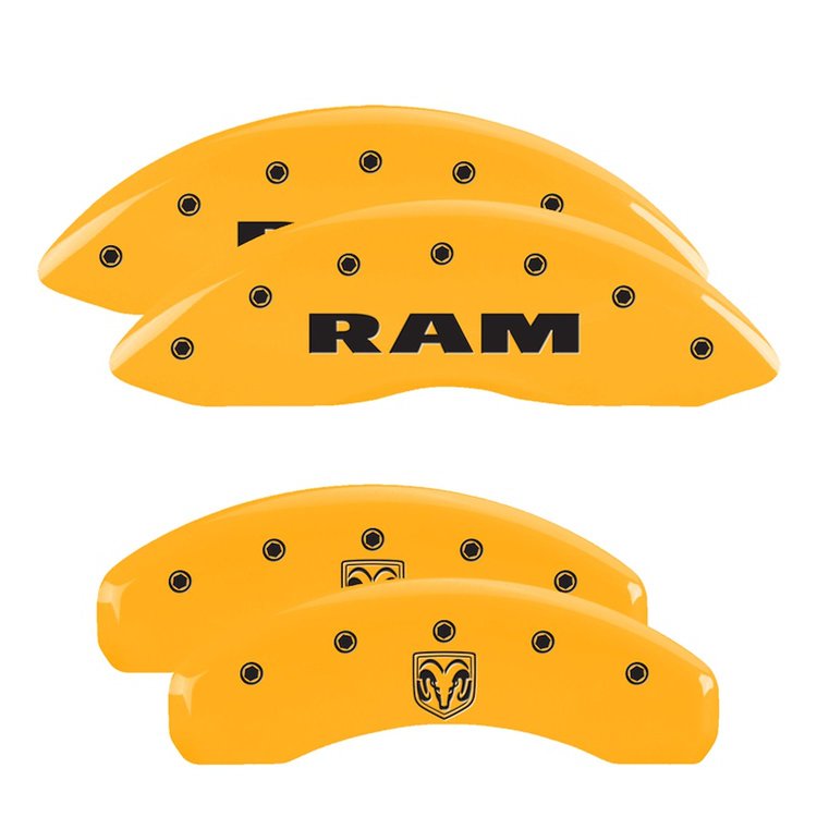 55001SRMHYL Front Disc Brake Caliper Covers Fits Select Ram 1500, Ram 1500 Classic [Yellow Finish w/ Black RAM / RAMHEAD]