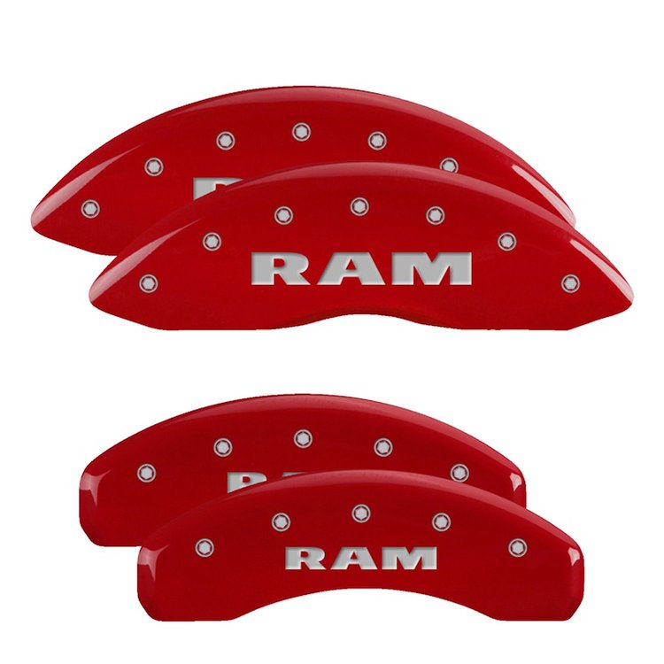 55005SRAMRD Front & Rear Disc Brake Caliper Covers Fits Select Ram 1500 [Red Finish w/ Silver RAM]