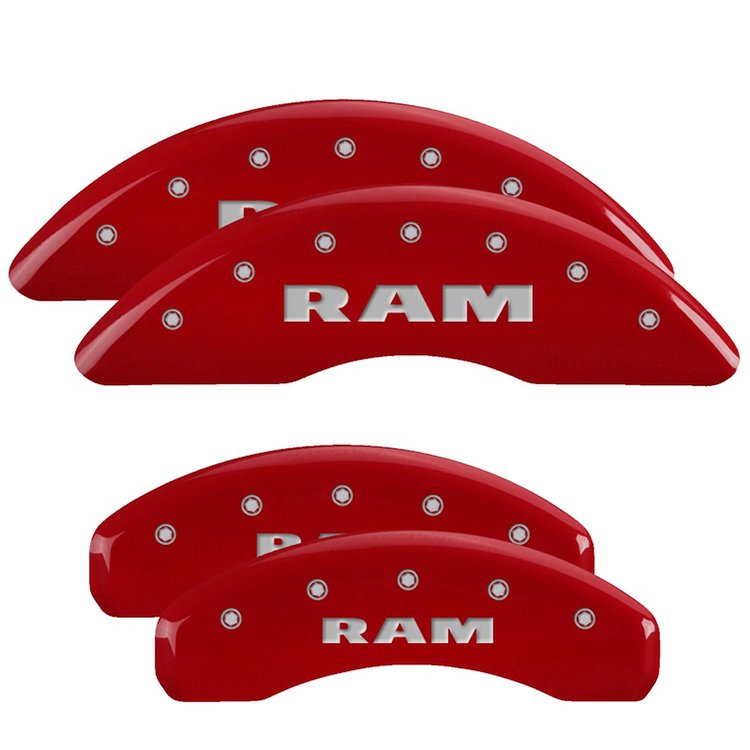 55006SRAMRD Front & Rear Disc Brake Caliper Covers Fits Select Ram 1500 [Red Finish w/ Silver RAM]