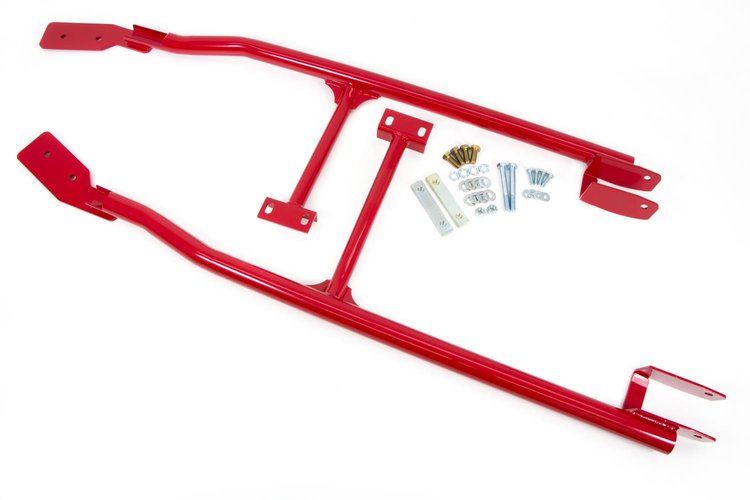 2070-R subframe connector reduces chassis flex & reinforces torque arm mounts; Red