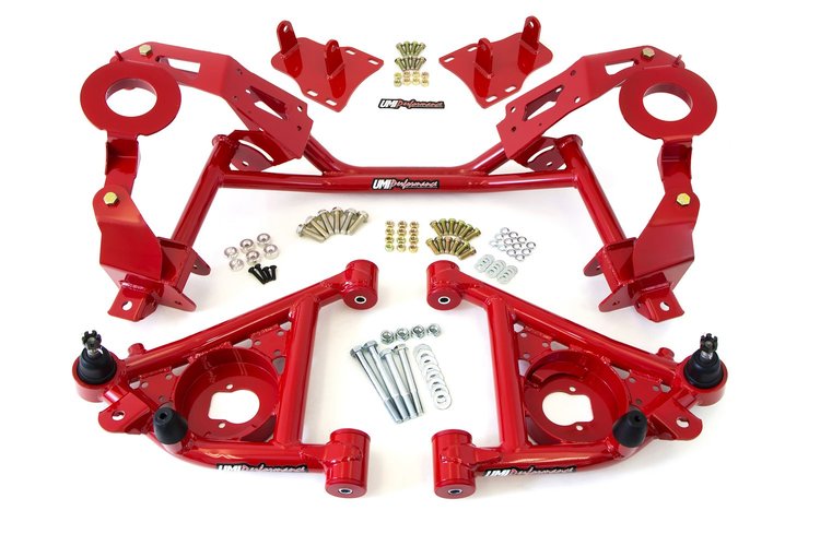 240331-R 1982-1992 GM F-Body Tubular K-member & A-arm Pkg, LS, Factory Springs; Red