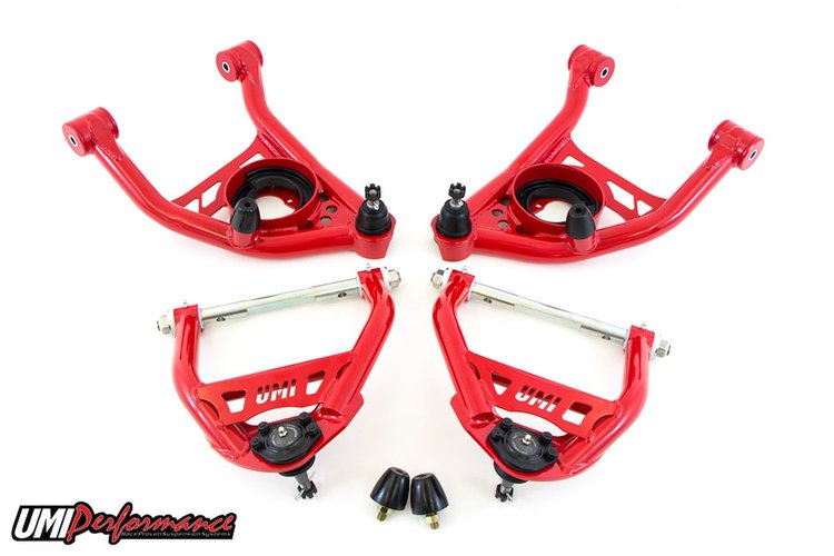 403133-1-R 1964-1972 GM A-Body Front A-arm Kit, ½" taller upper ball joints; Red