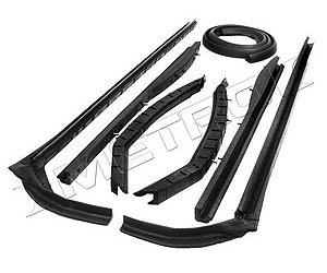 Molded Roof Rail Seals for Convertibles. 7-Piece set includes all right and left side top rail seals
