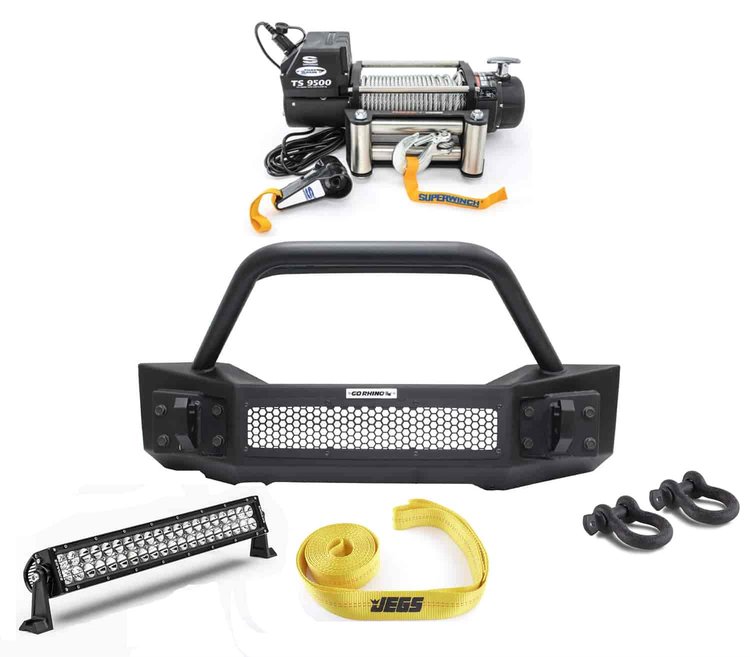 Rockline Stubby Front Bumper Combo with Winch, Light Bar, Over Rider Bar & Accessories for Jeep Wrangler JK, JL & Gladiator JT