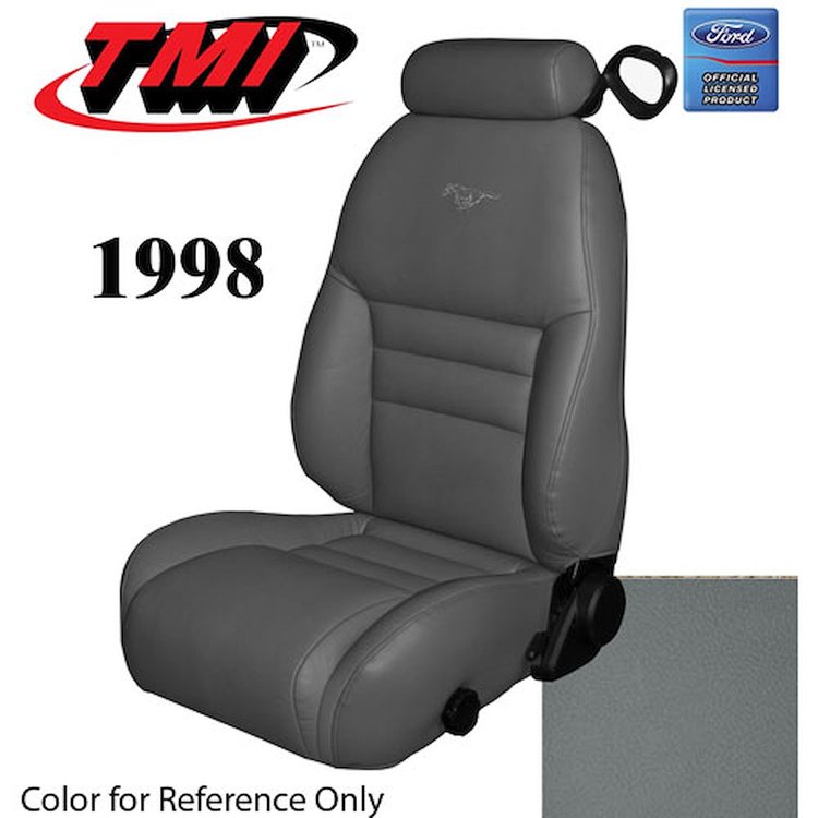 43-76308-6687-PONY 1998 MUSTANG GT FRONT BUCKET SEAT OPAL GRAY VINYL UPHOLSTERY W/PONY LOGO SMALL HEADREST COVERS INCLUDED
