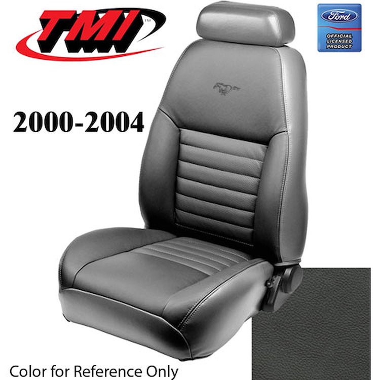 43-76600-L741-PONY 2000-04 MUSTANG GT FRONT BUCKET SEAT BLACK LEATHER UPHOLSTERY W/PONY LOGO SMALL HEADREST COVERS INCLUDED